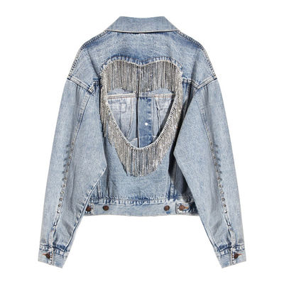 Les vestes de denim de broderie de fausse pierre ont creusé la veste surdimensionnée de dames