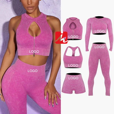 Femmes 5 pièces soutien-gorge de sport et leggings sans couture côtelé Fitness ensembles vêtements de sport